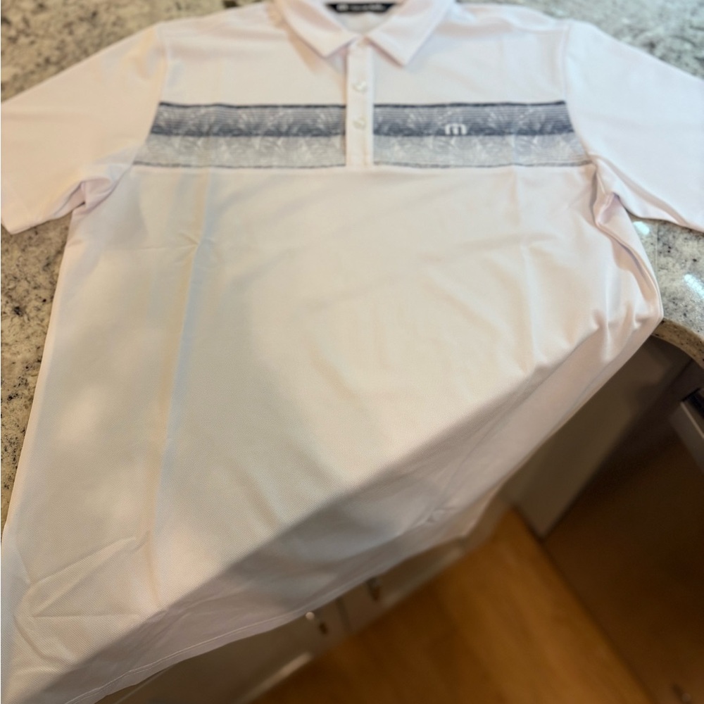 Travis Mathew White Polo with Navy Pattern Size Med